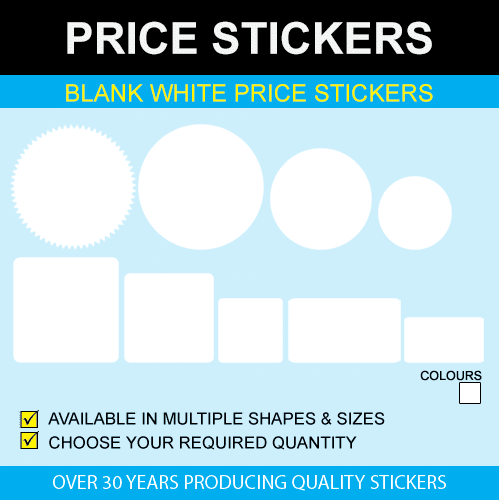 Blank White Price Point Stickers 20 25 30mm Circles 10 x 20mm 15 x 23mm Square