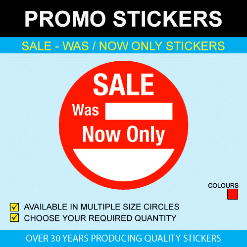 200 Circular 45mm Sale was / now only Red price stickers / labels / tags 