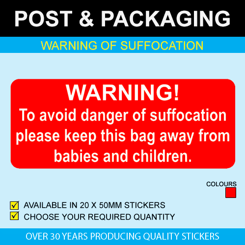 Small Packing Bright Red Sticky Labels Stickers Warning Danger Of Suffocation 