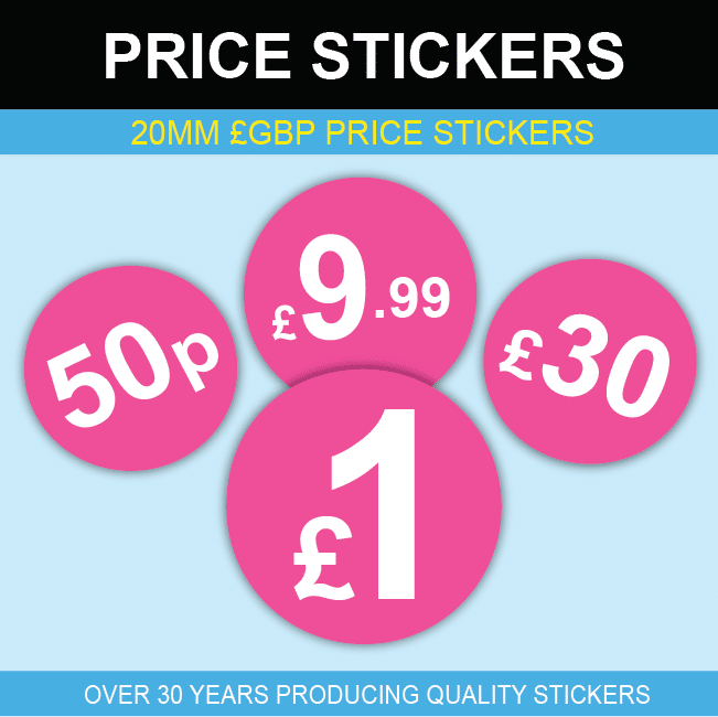 20mm Pink Price Point Stickers POS / Shop Sticky Labels £1 £5 £2 £1.99 £10 