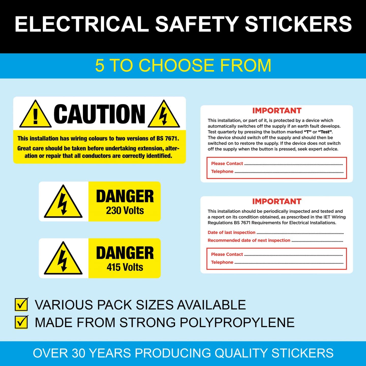 A6-150x100mm 7 Year High Quality Vinyl 230 Volts Electrical Safety Sticker 