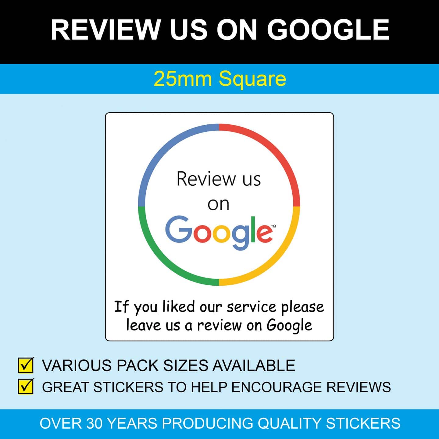 Review Us On Google Stickers 25mm Square (1 Inch Square)