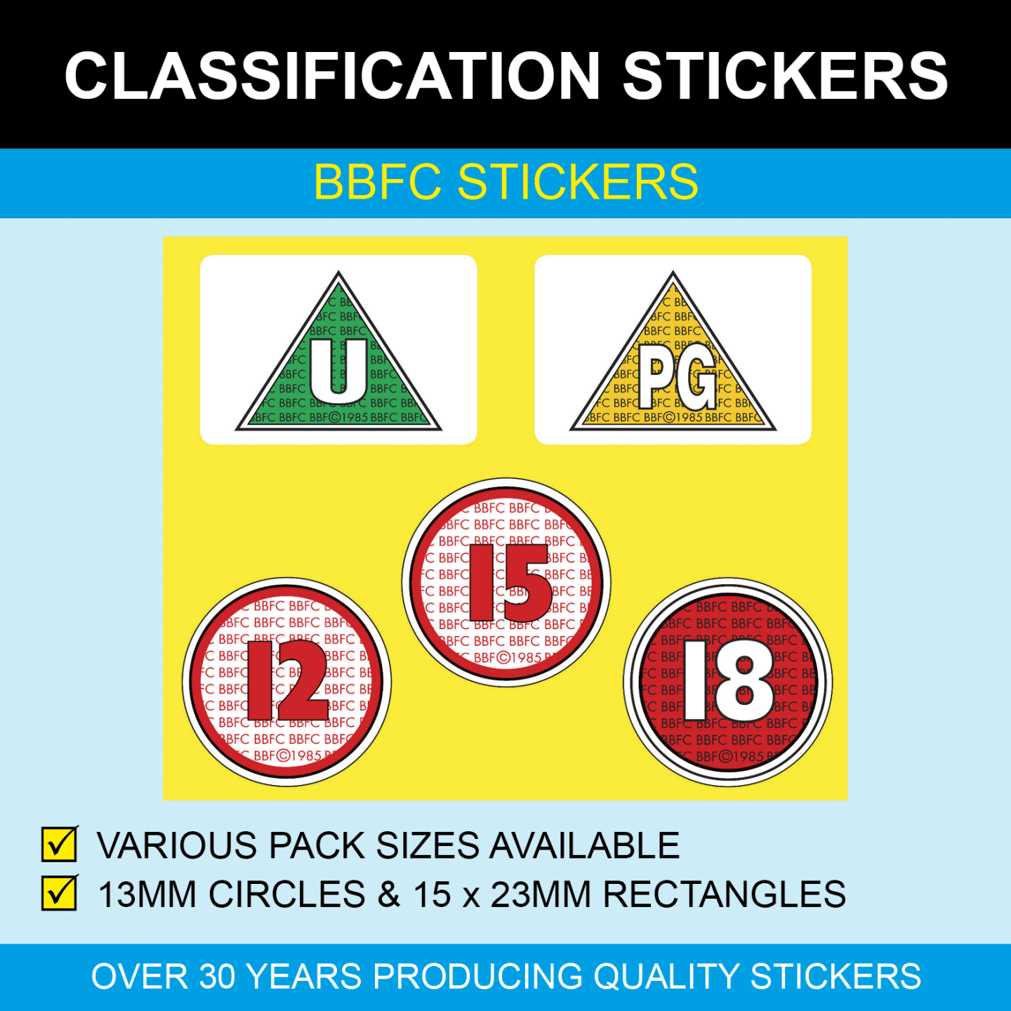 BBFC Age Rating Classification Stickers / Labels
