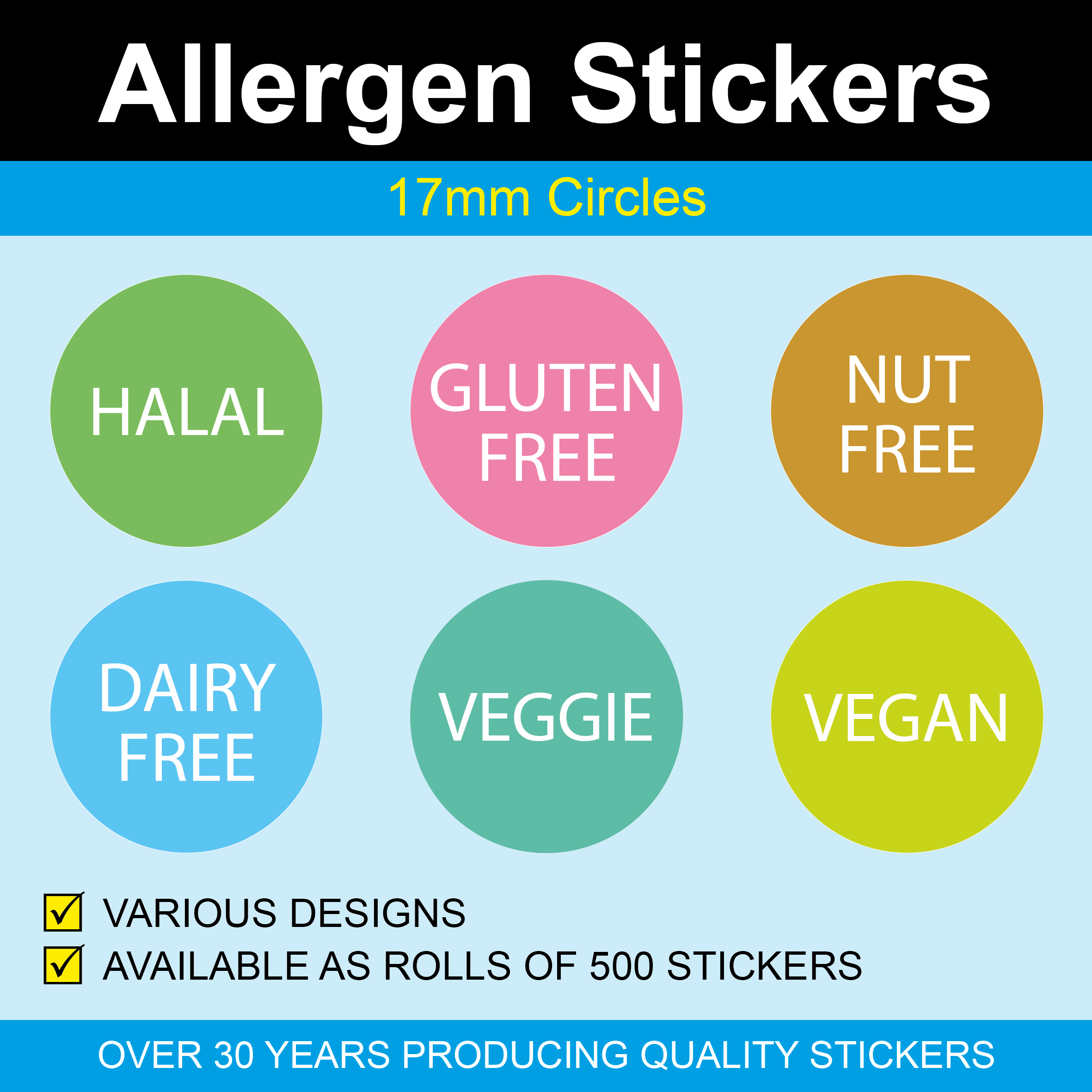 Various Colours and Sizes "Dairy Free" Stickers Food Allergy Labels 