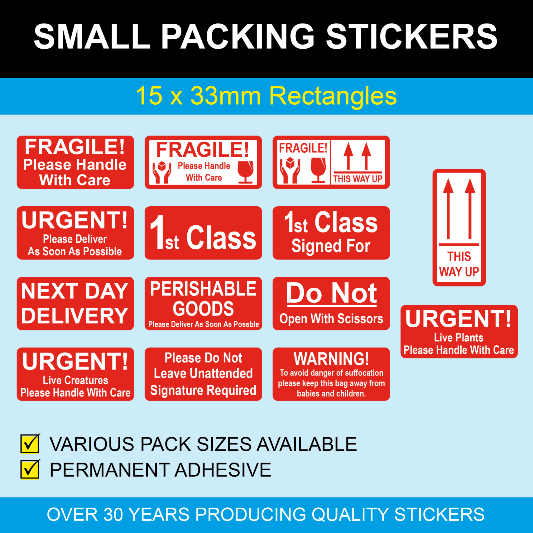 15 x 33mm Small Fragile Packing Stickers - Price Stickers